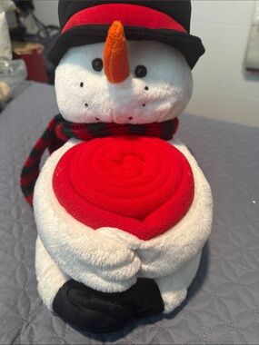 Festive Snowman Plush with Red Holiday Throw